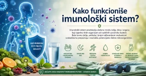 Kako funkcioniše imunološki sistem – ilustracija faktora koji doprinose normalnoj funkciji imuniteta: zdrava ishrana, san, fizička aktivnost, hidratacija, vitamini i minerali