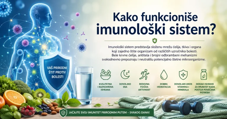 Kako funkcioniše imunološki sistem – ilustracija faktora koji doprinose normalnoj funkciji imuniteta: zdrava ishrana, san, fizička aktivnost, hidratacija, vitamini i minerali