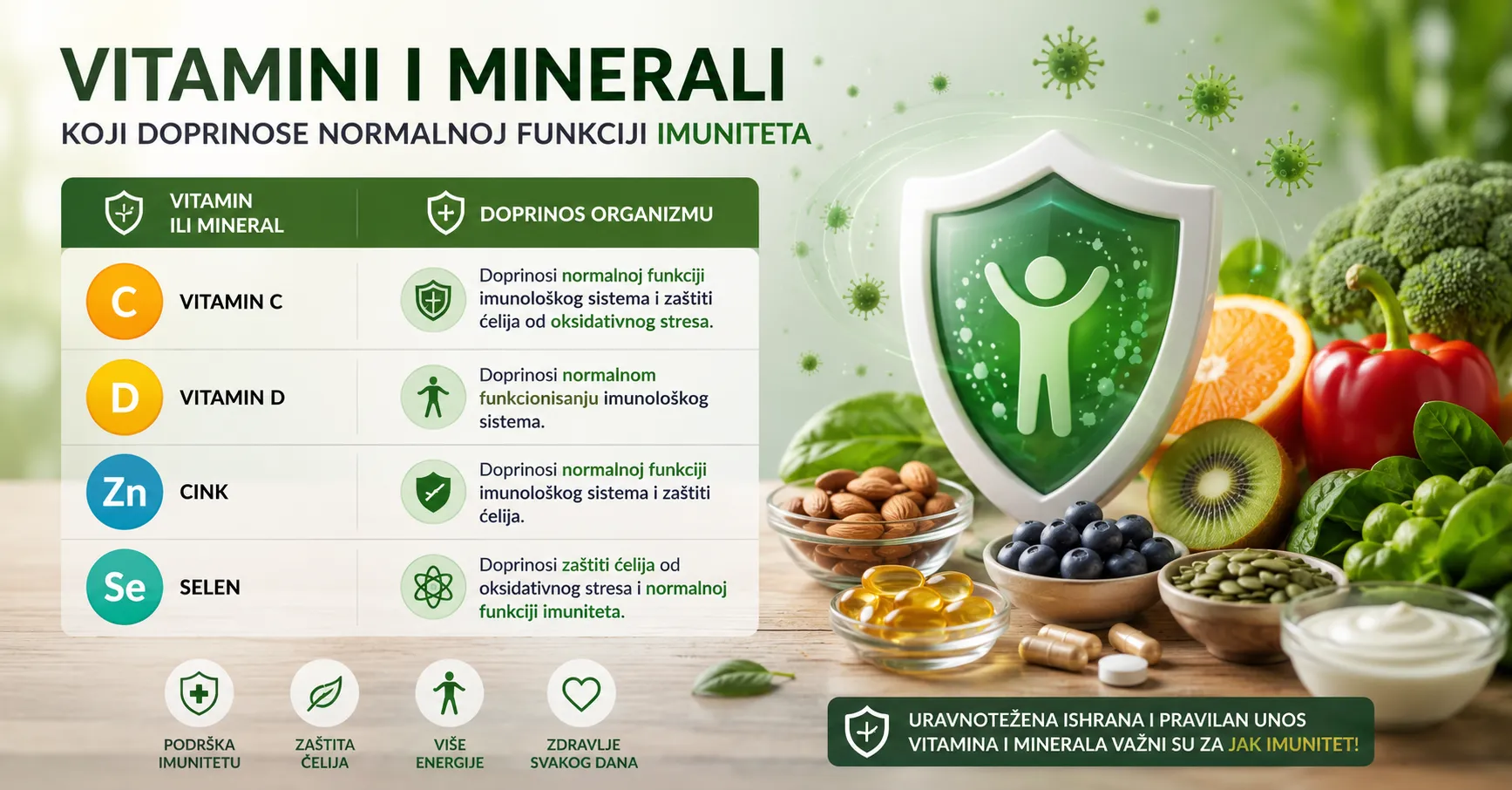 Vitamini i minerali koji doprinose normalnoj funkciji imuniteta – ilustracija vitamina C, vitamina D, cinka, selena i namirnica bogatih hranljivim materijama za podršku imunološkom sistemu.